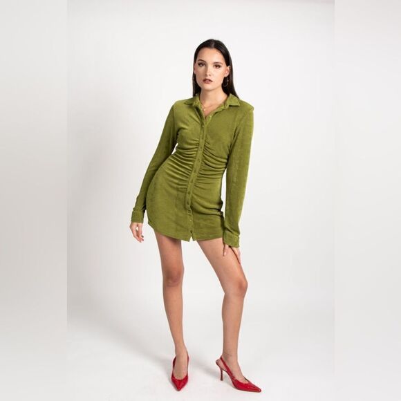 With Jean Andy Mini Green Shirt Dress Long Sleeve Size XS - Picture 6 of 15